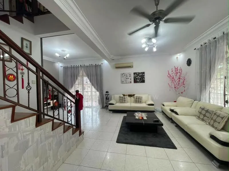 Living features: white leather sectional sofa, black coffee table, area rug in black, ceiling fan with light, recessed ceiling lights, white painted walls, tile flooring, floor-to-ceiling windows with sheer curtains, decorative wall art, staircase with wooden railing, wall-mounted decor, potted plant; style: modern.