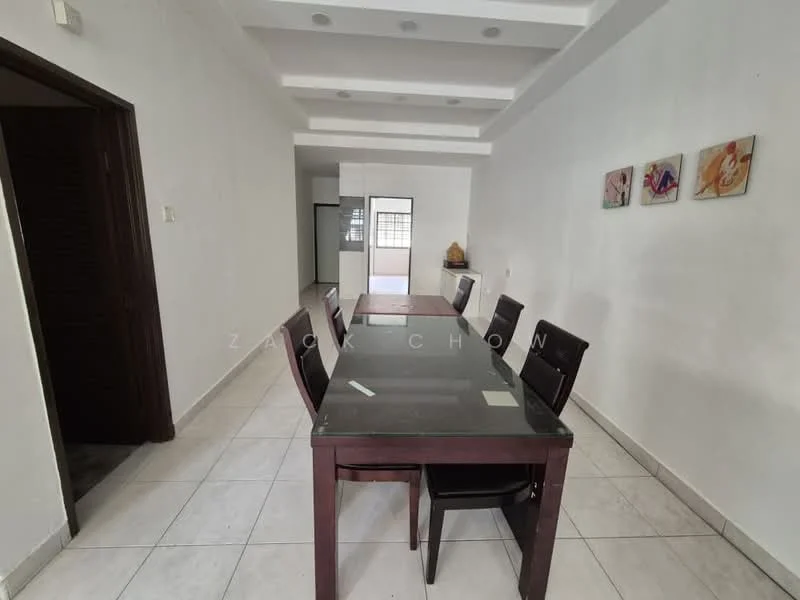 Dining features: rectangular dining table with glass top, 8 wooden dining chairs, white painted walls, tile flooring, recessed downlights, ceiling with exposed beams, decorative wall art, open layout to adjacent room; style: modern. Room features: white painted walls, tile flooring, open layout, doorway leading to another room.