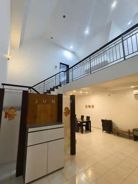 Room features: high ceiling, white painted walls, tile flooring, staircase with metal railing, recessed downlights, air conditioning unit, dining table with chairs, wooden furniture, decorative wall art; style: modern.