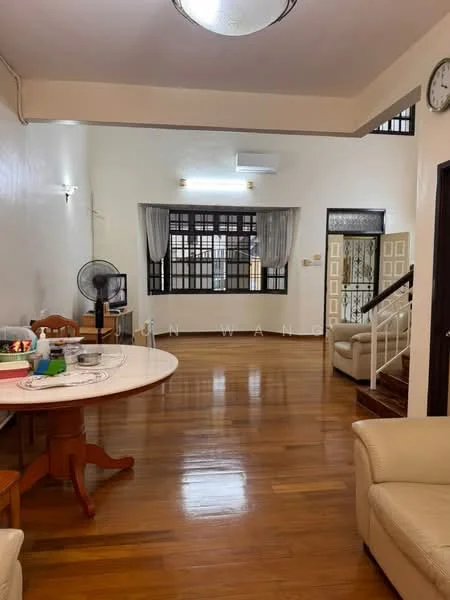 Living features: wooden flooring, white painted walls, ceiling light fixture, floor-to-ceiling windows, curtains, wall-mounted air conditioning unit, fan, clock on wall, sofa in cream color, round dining table, wooden dining chairs, staircase, decorative partition; style: modern.