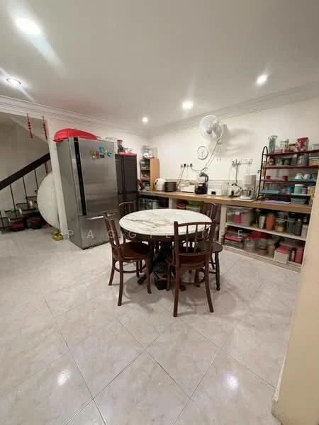 Kitchen features: marble dining table, 4 wooden dining chairs, stainless-steel fridge, wooden cabinetry, open shelving, ceramic tile flooring, recessed ceiling lights, wall-mounted fan, kitchen countertop, various kitchen utensils and containers; style: modern.