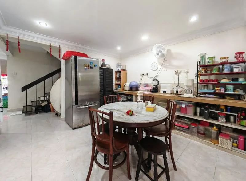 Kitchen features: round marble dining table, 4 wooden dining chairs, stainless-steel fridge, built-in wooden cabinetry, open shelving with various containers, microwave, electric kettle, blender, wall-mounted fan, ceramic tile flooring, recessed ceiling lights, white painted walls, stainless-steel sink, countertop with appliances; style: modern.