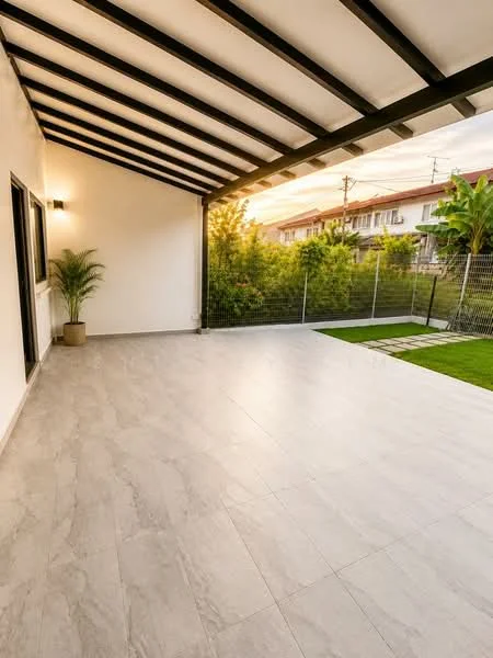 Room features: large tiled flooring, exposed beam ceiling, outdoor patio area, green lawn, fenced perimeter, potted plant, sunset view, sliding glass door; style: modern; view: garden.