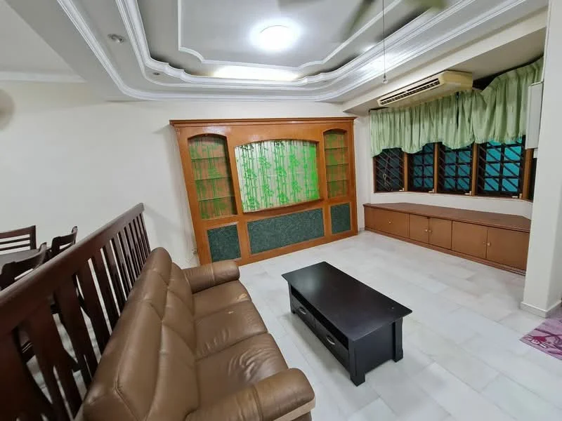 Living features: 3-seater leather sofa in brown, coffee table in black, built-in wooden cabinet with glass doors, window seating with storage below, green sheer curtains, white painted walls, tray ceiling with recessed lighting, marble tile flooring, wall-mounted air conditioning unit; style: modern.