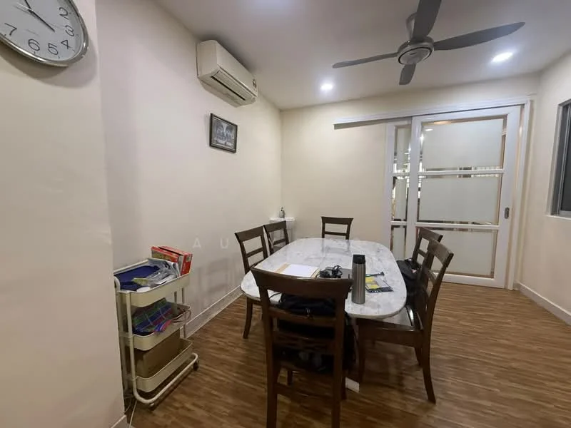 Dining features: round marble dining table, 6 wooden dining chairs, wall-mounted clock, 1 wall-mounted split AC, laminate wood flooring, white painted walls, recessed LED downlights, sliding glass door, window with sheer curtains; style: modern.