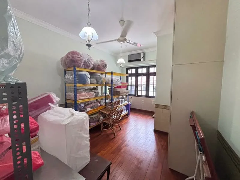 Room features: wood flooring, white painted walls, ceiling fan, recessed downlights, large windows, shelving units, decorative chair, storage boxes, natural light.