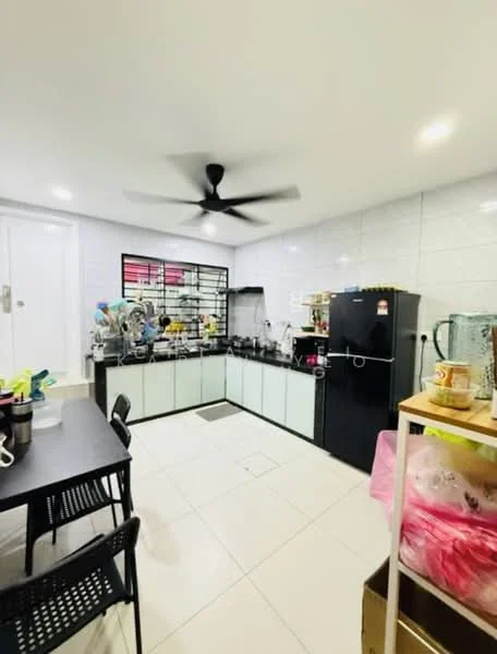 Kitchen features: black refrigerator, black countertop, white cabinetry with glass fronts, stainless-steel sink, chrome faucet, wall-mounted shelving, ceramic tile flooring, 5-blade ceiling fan, kitchen table with black chairs, various kitchen appliances, open shelving with kitchenware, white tiled backsplash; style: modern.
