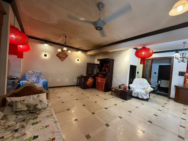 Living features: cream painted walls, marble tile flooring, 5-blade ceiling fan, recessed downlights, two hanging lanterns, wooden sideboard, decorative wall art, sofa with patterned upholstery, armchair with white upholstery, area rug, dining table with chairs, decorative red lanterns; style: traditional.