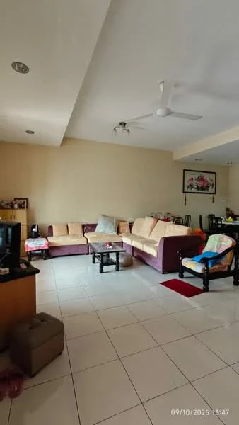 Living features: L-shape sectional sofa in beige and purple, coffee table, TV console, wall-mounted TV, area rug, ceiling fan, recessed downlights, cream painted walls, white tiled flooring, decorative wall art, dining table with chairs in background; style: contemporary.
