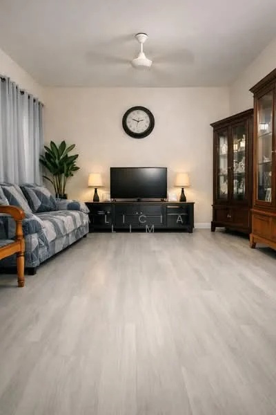 Living features: 3-seater fabric sofa in blue and grey, wooden armchair, light wood flooring, ceiling fan, wall-mounted TV, TV console in black, decorative clock on wall, 2 table lamps, glass display cabinet, houseplant in pot, curtains in grey, neutral painted walls; style: contemporary.