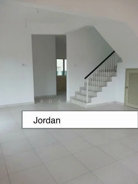Room features: white painted walls, tile flooring, staircase with white railing, large windows, air conditioning unit, open layout, neutral color scheme; style: modern.