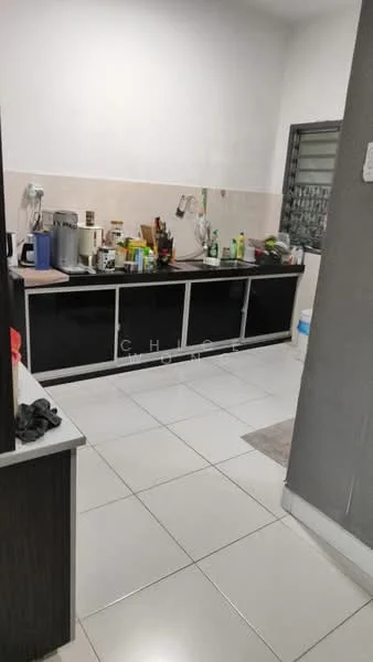 Kitchen features: white tiled walls, grey tiled backsplash, black cabinetry, stainless-steel sink, chrome faucet, countertop with storage, white ceramic floor tiles, kitchen appliances including kettle and blender, various cooking condiments and utensils on countertop, window with security bars, refrigerator, open shelving; style: modern.