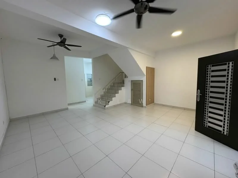 Room features: white painted walls, tile flooring, 2 ceiling fans, staircase, air conditioning unit, door with vertical slats, light fixture, open layout; style: modern.