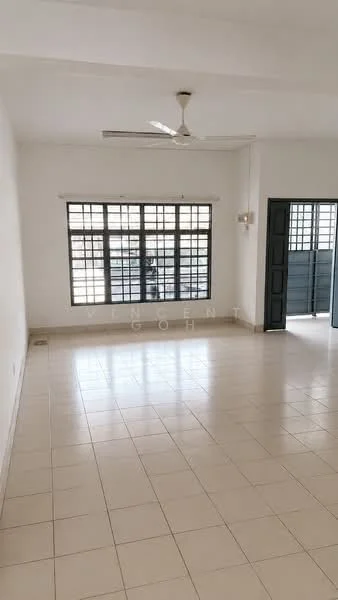 Room features: white painted walls, tile flooring, ceiling fan, large windows with grid pattern, sliding glass door, natural light, neutral color scheme, open layout; style: minimalist.