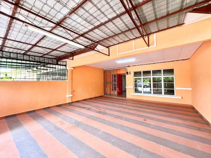Exterior features: orange painted walls, striped flooring in grey and terracotta, metal roof with grid pattern, large windows, security bars on windows, open space layout; style: modern.