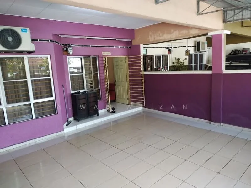 Room features: purple painted walls, white tiled flooring, 1 wall-mounted split AC, large windows with grilles, double door entrance, open layout, ceiling with light fixtures, decorative wall paneling; style: modern.