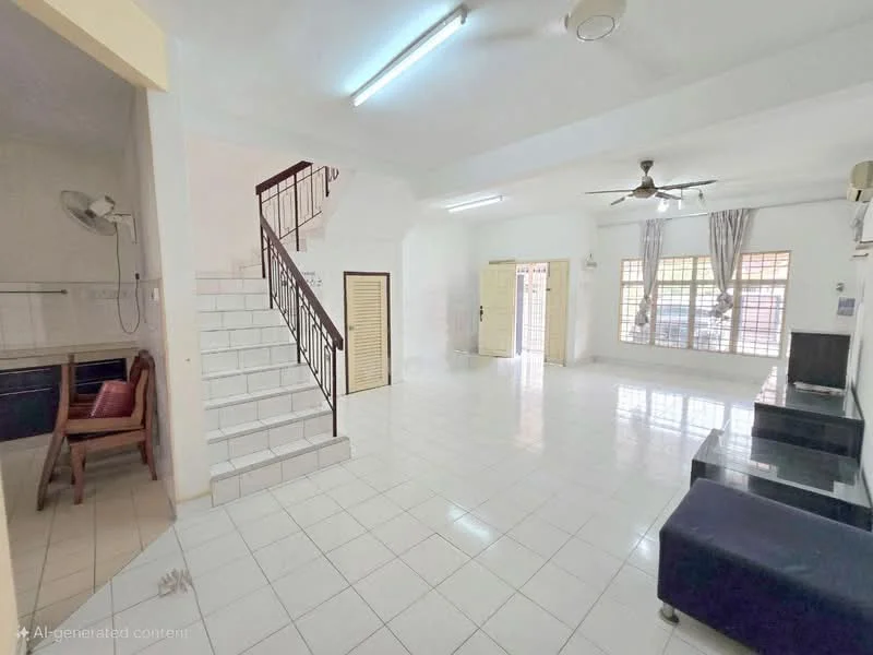 Living features: white painted walls, glossy white tile flooring, 5-blade ceiling fan with light, large windows with sheer curtains, sliding glass door, wall-mounted air conditioning unit, staircase with wooden railing, open layout, sofa set, coffee table, TV console; style: modern. Kitchen features: white tiled backsplash, dark wood cabinetry, single-bowl stainless-steel sink, built-in stove, counter space, bar seating area; style: modern.