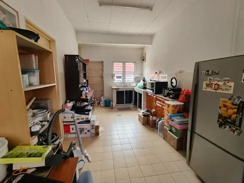 Kitchen features: tile flooring, white painted walls, single-bowl stainless-steel sink, chrome pull-down faucet, wood cabinetry, built-in oven, freestanding range oven, microwave, refrigerator, open shelving, countertop space, window with blinds, vacuum cleaner, various kitchen appliances, storage boxes.