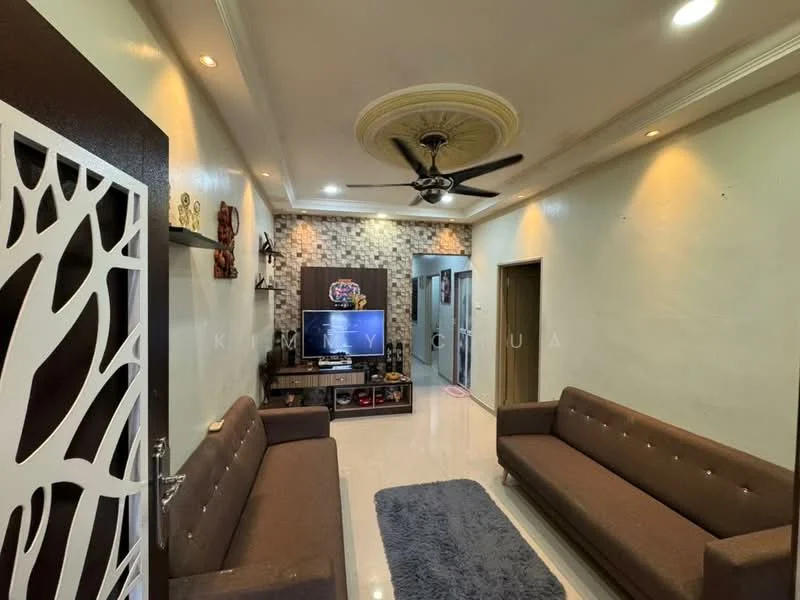 Living features: 2-seater fabric sofa in brown, 3-blade ceiling fan, recessed downlights, wall-mounted TV, TV console with storage, decorative wall panel with tree design, cream painted walls, glossy tile flooring, area rug with solid color, feature wall with stone cladding; style: modern.