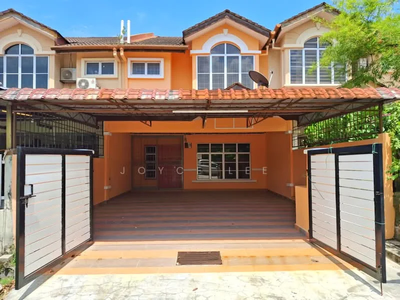 Exterior type: linked terrace house; features: orange painted facade, red tiled roof, double-storey, covered car porch, metal gate, front porch with tiled flooring, large front windows, air conditioning unit visible, satellite dish, manicured landscaping, fence surrounding property; style: modern.