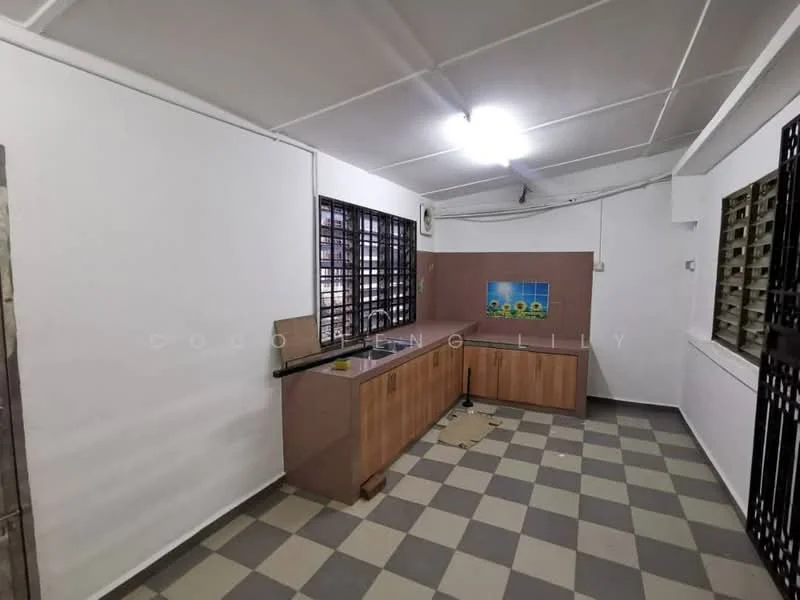 Kitchen features: white painted walls, grey tiled flooring, wood cabinetry, countertop, window with security bars, kitchen backsplash with blue tiles, ceiling light fixture, open layout.