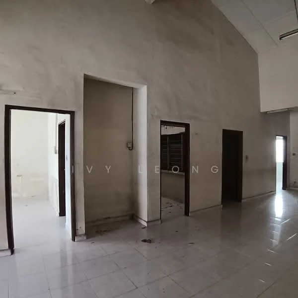 Room features: white painted walls, high ceiling, glossy white tile flooring, doorway openings, windows with no visible treatments, minimal decor, neutral color scheme, no visible furniture; style: minimalist.
