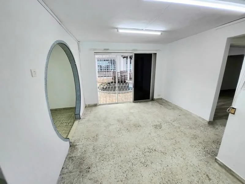 Living features: white painted walls, polished concrete flooring, sliding glass door, floor-to-ceiling windows, circular mirror, recessed ceiling lights; style: modern; view: garden.