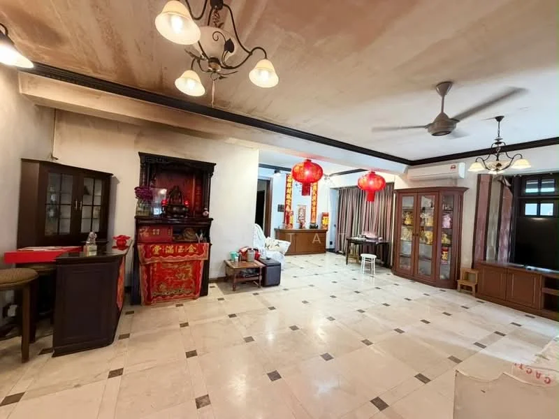 Living features: marble tile flooring, white painted walls, exposed ceiling with beams, 5-blade ceiling fan, 3 hanging pendant lights, red paper lanterns, wooden display cabinet, traditional altar, wooden side table, sofa, curtains, decorative items on shelves; style: traditional.