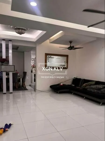 Living features: white painted walls, glossy white tile flooring, tray ceiling, 5-blade ceiling fan with light, black leather sectional sofa, decorative wall art, recessed downlights, open layout to dining area; style: modern.