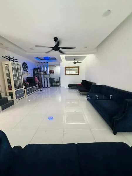 Living features: white painted walls, glossy tile flooring, 2 ceiling fans, black fabric sectional sofa, blue accent lighting, glass display cabinet, wall clock, decorative wall art, large windows, open layout; style: modern.