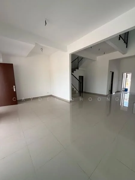 Room features: white painted walls, polished ceramic tile flooring, high ceiling, staircase with metal railing, large windows, door leading outside, open layout, natural light; style: modern.