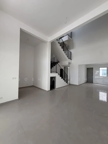 Room features: white painted walls, grey polished tile flooring, staircase with black railing, high ceiling, large windows, open layout, natural light, corner space; style: modern.