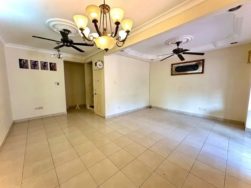 Living features: cream painted walls, white ceiling with crown moulding, 2 ceiling fans, recessed downlights, tile flooring, wall-mounted air conditioning unit, decorative wall art, open layout; style: modern.