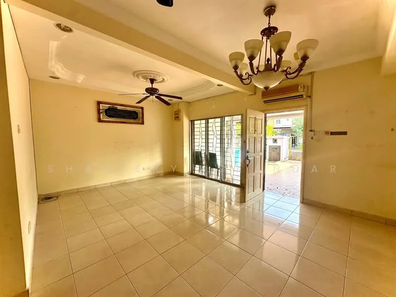 Living features: cream painted walls, white ceiling with decorative molding, 5-blade ceiling fan with light, recessed downlights, floor-to-ceiling windows, sliding glass door, cream tiled flooring, wall-mounted split AC; style: modern; view: garden.