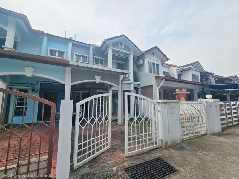 Exterior type: linked terrace house; features: two-storey building, blue and grey painted facade, gated entrance, paved driveway, front garden area, balconies on upper floor, white metal gate, visible neighboring houses; style: modern.