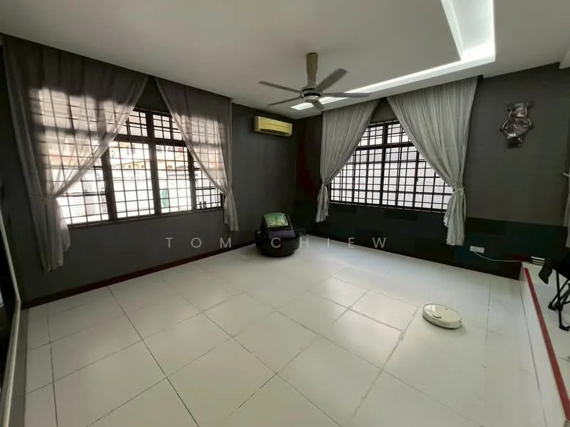 Living features: grey painted walls, white ceiling with recessed lighting, white tiled flooring, 2 large windows with grid pattern, sheer curtains, ceiling fan, air conditioning unit, decorative wall art; style: modern.