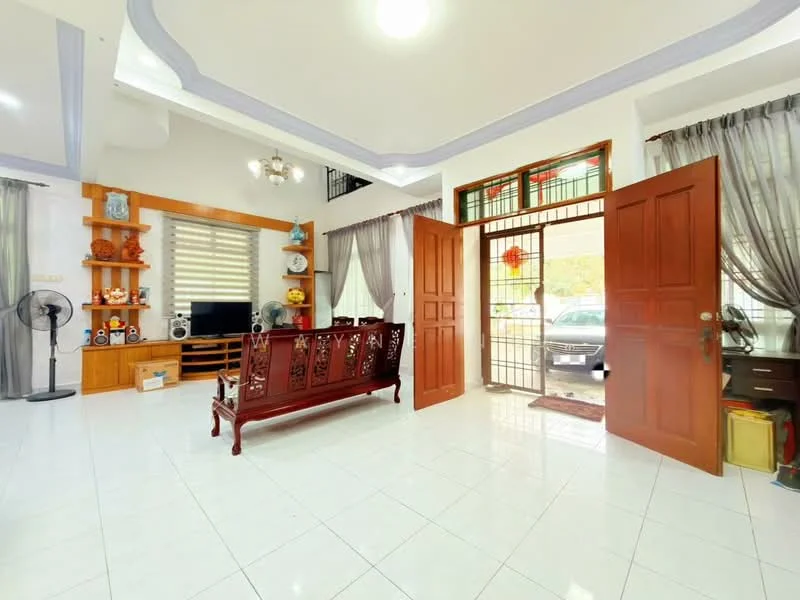 Living features: white tiled flooring, cream painted walls, tray ceiling, recessed downlights, large windows with sheer curtains, wooden front doors, wooden console with decorative items, wall-mounted TV, 2 ceiling fans, open layout, decorative wall shelves, glass door leading outside; style: modern; view: garden.