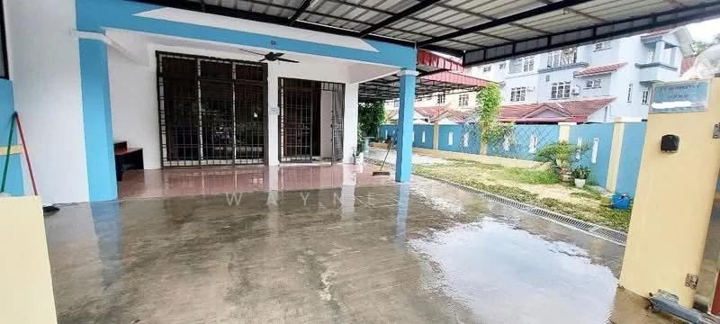 Exterior type: linked terrace house; features: covered car porch, concrete flooring, metal roof, manicured lawn, fenced yard, gravel pathway, sliding gate, security bars on windows, blue painted walls, outdoor lighting; style: modern.