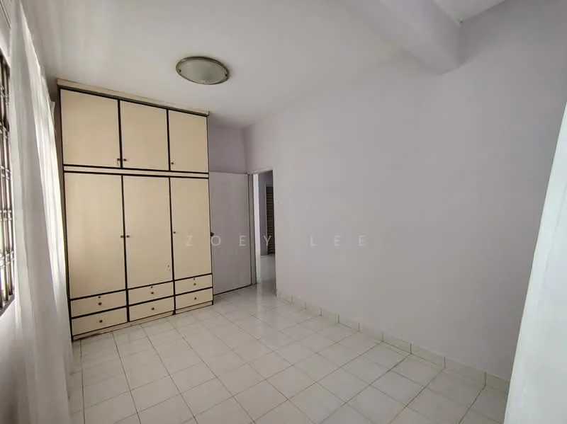 Room features: light grey painted walls, white tiled flooring, built-in wardrobe with cream doors and black trim, single ceiling light fixture, window with white curtains, doorway leading to another room; style: minimalist.