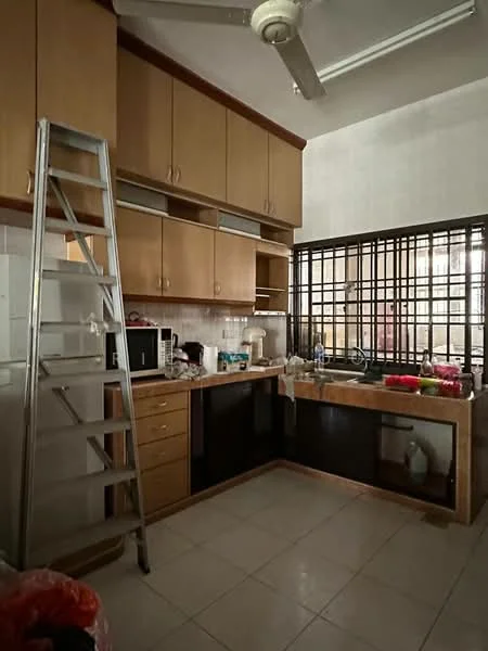 Kitchen features: wood cabinetry, white tiled backsplash, black countertop, stainless-steel sink, chrome faucet, built-in microwave, freestanding refrigerator, ladder, floor tiles, window with metal grille, kitchen appliances on countertop, open shelving.