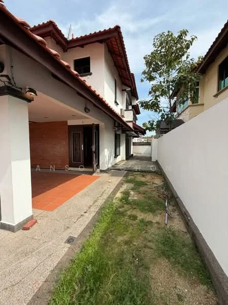 Exterior type: semi-detached house; features: red tiled roof, white painted facade, exposed brick wall, paved walkway, manicured lawn, landscaped garden, fenced perimeter, outdoor lighting, single-storey extension, driveway, side entrance; style: modern.