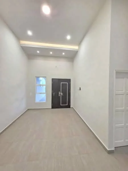 Room features: white painted walls, light-colored tiled flooring, recessed downlights, single door with black finish, window with white frame, high ceiling, neutral color palette, minimalist design; style: modern.