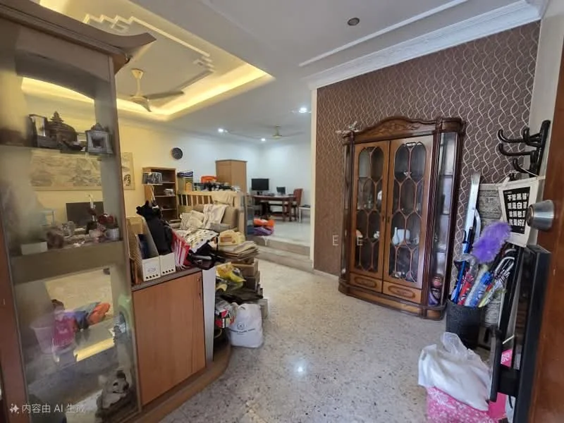 Room features: marble flooring, white painted walls, tray ceiling with recessed lighting, wooden display cabinet, decorative wall with patterned wallpaper, ceiling fan, open layout, cluttered with various items; style: traditional.