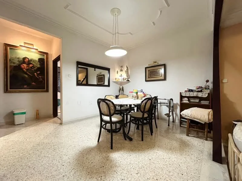 Dining features: round dining table, 6 dining chairs with black frames, pendant light fixture, framed artwork on wall, two mirrors on wall, textured ceiling with moulding, speckled terrazzo flooring, wooden side table, decorative items on side table; style: traditional.