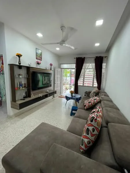 Living features: 3-seater fabric sofa in grey, decorative cushions with colorful patterns, wall-mounted TV, TV console with storage, ceiling fan with light, recessed LED downlights, large windows with sheer curtains, sliding glass door, coffee table, decorative flower vase, textured wall finish, light-colored flooring; style: modern; view: garden.