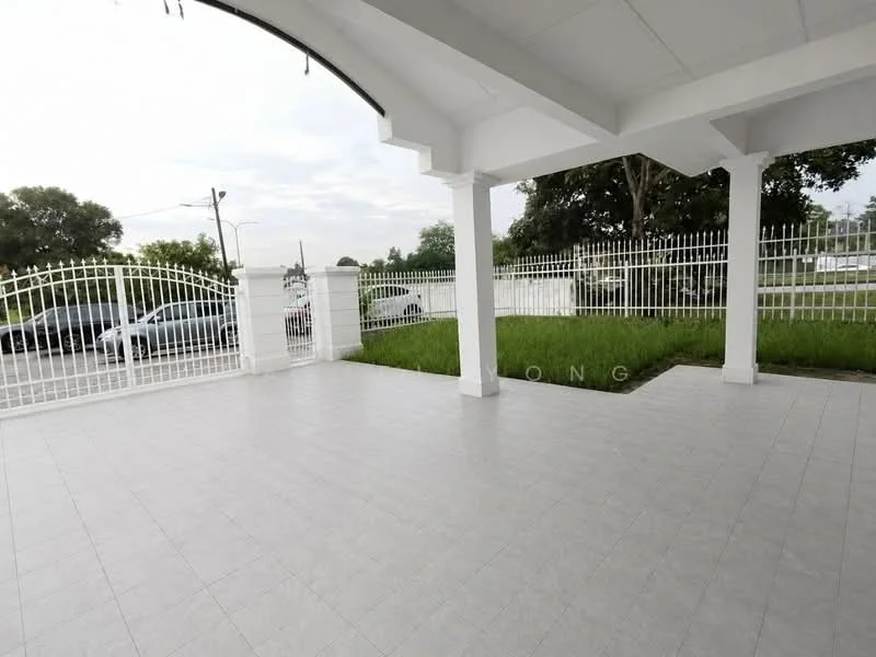 Exterior features: white painted facade, paved flooring, manicured lawn, metal gate, fenced perimeter, surrounded by greenery; style: modern.