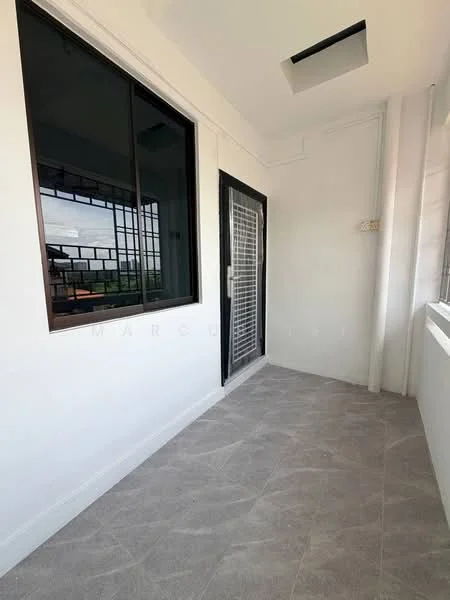 Room features: white painted walls, grey tile flooring, floor-to-ceiling windows, sliding glass door, skylight; style: modern; view: city.