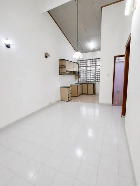 Living features: white painted walls, white tiled flooring, high ceiling, recessed downlights, pendant light fixture, large window with grid pattern, built-in kitchen cabinetry in beige, black countertop; style: modern.