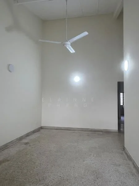 Room features: cream painted walls, exposed concrete flooring, high ceiling, ceiling fan, wall-mounted light fixtures; style: minimalist.