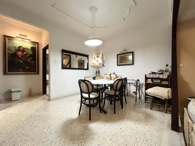 Dining features: round dining table, 6 dining chairs, pendant light, framed artwork on wall, mirror on wall, textured ceiling with crown moulding, speckled flooring, wooden sideboard, decorative items on sideboard, green waste bin; style: traditional. Room features: white painted walls, doorway leading to another room.